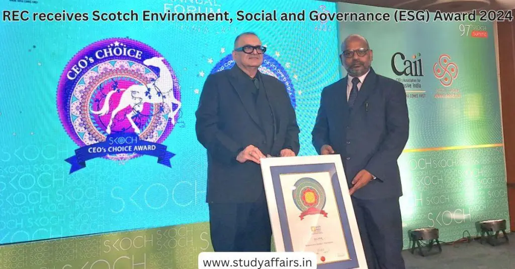 Rural Electrification Corporation (REC) Limited, a Maharatna company under the Ministry of Power, has been awarded the ESG Award 2024.