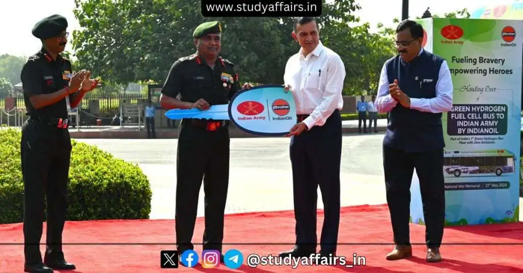 Memorandum of Understanding (MoU) signed between Indian Army and Indian Oil Corporation Limited for investigations of hydrogen fuel cell bus technology.