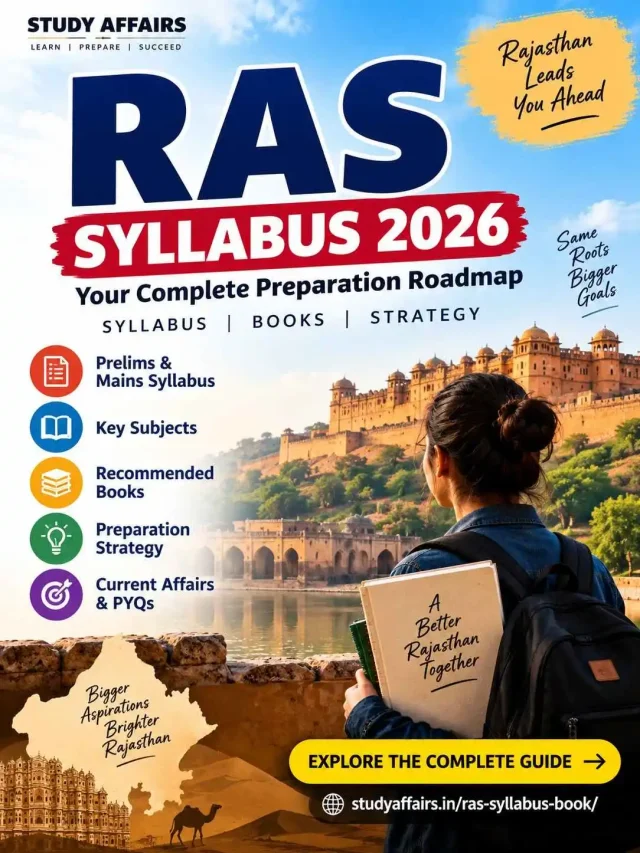 RAS Syllabus 2026 poster featuring Rajasthan heritage, a student preparing for the exam, and key topics including Prelims, Mains, books, current affairs and PYQs.